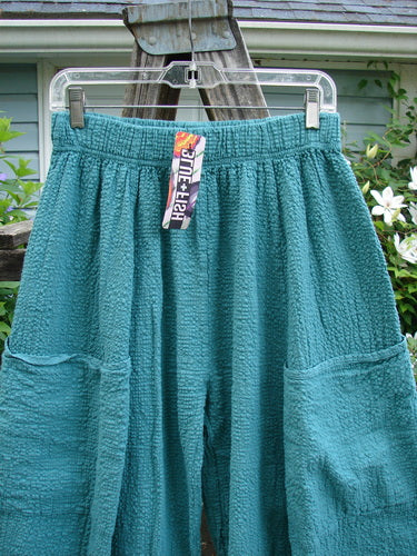 Barclay NWT Pucker Crop Mojo Pant in Unpainted Jade Size 0, featuring a unique 3D diamond cut from knee down, generous front pockets, and a thick elastic waistband, showcasing rich texture and artistic draping.