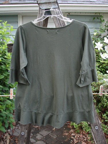 Barclay Three Quarter Sleeved Flutter Top Tulip Hunter Size 1, showcasing a soft A-lined shape with rounded sleeves and hem flutter, featuring a generous tulip theme paint, embodying Bluefishfinder.com's unique vintage style.