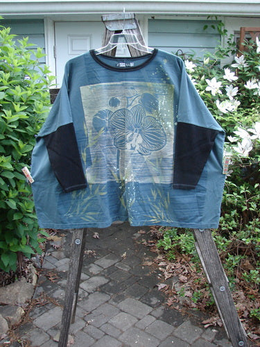 Barclay Cotton Lycra Rib Sleeved Treesoul Pullover Metallic Orchid Forest OSFA; seamless bodice, contrasting rib sleeves and neckline, square boxy shape, metallic bamboo and orchid paint, wide cropped length.