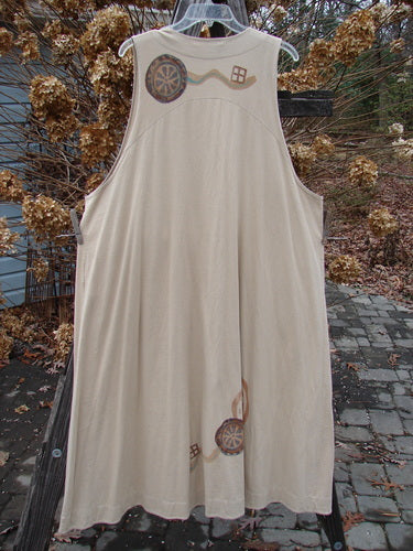 1996 State Fair Vest Abstract Wheel Dune Size 2: White dress on clothesline, organic cotton, A-line shape, swing design.