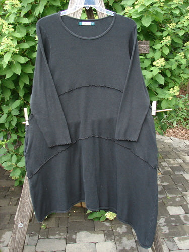 Barclay Thermal Exterior Stitch Three Tier Dress in Unpainted Black, Size 2, displayed outdoors on a hanger, features an asymmetrical hemline and horizontal tiered seams, embodying Bluefishfinder.com's vintage, creative style.