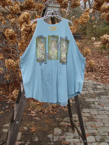 1994 Sleeveless Vest with starfish and sea life theme paint, in ice blue, size 1. A vintage blue tank top with a rounded shape, shallow neckline, and deep arm openings.