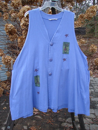 1997 Simple Vest with stars, organic cotton, swing hemline, deep pockets, oversized buttons, Blue Fish patch. Size 2.