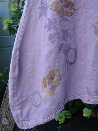 Barclay Linen Lace Blooming Tunic Dress Leaf Vine Lavender Size 0 features lavender-purple fabric with gold-bronze botanical motifs and crochet trim, reflecting BlueFishFinder's creative vintage style.
