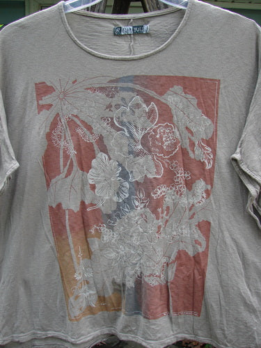 Barclay Cotton Slub Cricket Cap Sleeve Tee Dogwood Faun OSFA, showcasing cap sleeves, seamless shoulders, and a square boxy shape with a dogwood garden theme, embodying Bluefishfinder.com's creative vintage style.
