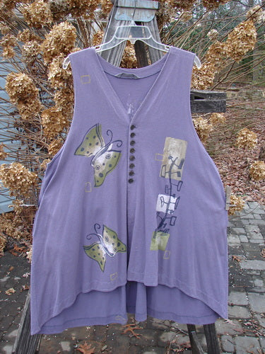 1996 Moonsmile Vest with butterfly motif on purple fabric.