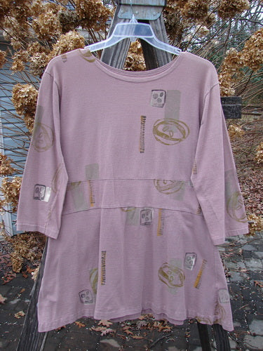 1991 Workshop Dress with Spin Stone pattern, currant color, OSFA. Tailored fit, drop waistband, pleats, pin tucking, shorter arm lengths, scooped neckline. Bust 40, waist 42, hips 48, length 32.