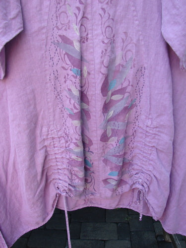 Barclay Linen High Vent Venetian Dress Center Leaf Peony Rose Size 1 features a lavender tunic with abstract floral print, curved seams, V neckline, draw-string ruching, and high side vents.