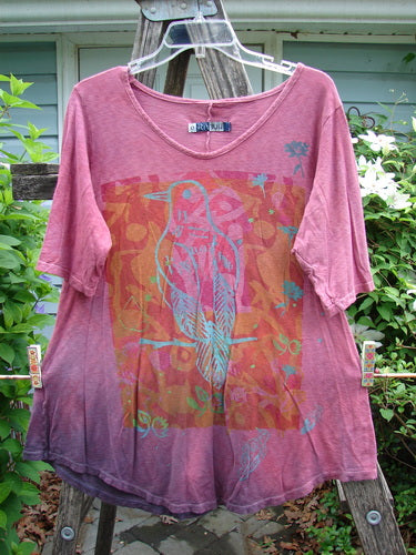 Barclay Slub Curve Bottom Tee Bird Perched Mottled Magenta Size 0 features a rounded neckline, short sleeves, A-line shape, and varying hemline, embodying Bluefishfinder's vintage flair and creative expression.