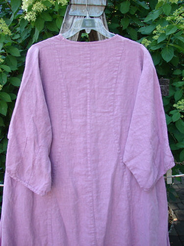 Barclay Linen High Vent Venetian Dress Center Leaf Peony Rose Size 1 hanging outdoors, showcasing its softly dipped V neckline, A-line shape, and high side vents with Celtic fern theme paint.