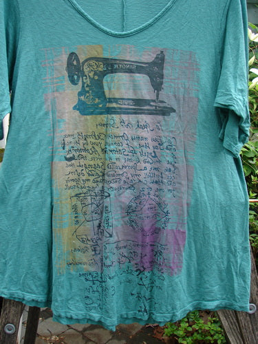 Barclay Slub Curve Bottom Tee Singer Seamstress Spearmint Size 1 features a rounded neckline, short sleeves, A-line shape, and varying hemline, reflecting vintage Blue Fish Clothing's creative, expressive style.