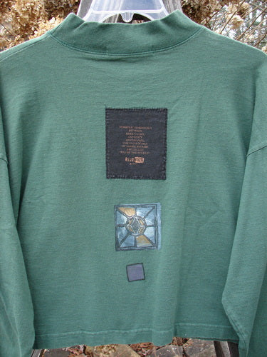 1997 Structure Tee Top with Flying Bird House Patch - Organic Cotton - Verdigris - One Size Fits All - Ribbed Mock T Neck - A Line Boxy Shape - Swingy - Blue Fish Signature Patch