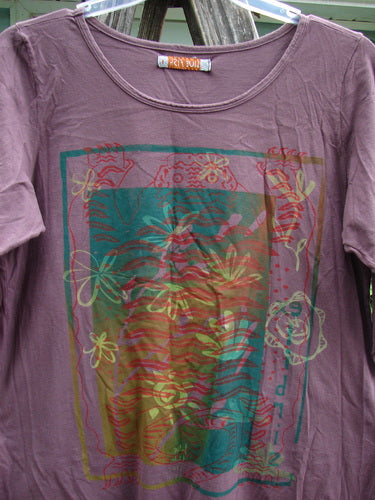 Barclay Three Quarter Sleeved Cafe Tee Water Lily Fig Size 1 features a slightly wider ribbed neckline, A-line shape, and water lily design, embodying vintage style from Bluefishfinder.com’s Spring Collection.
