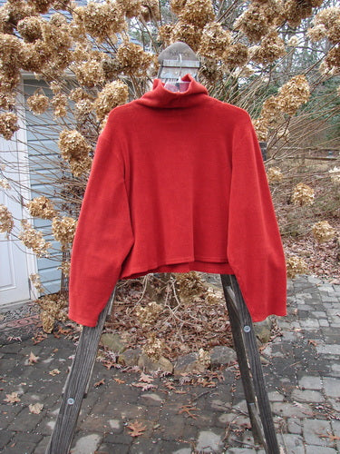 2000 Celtic Moss Big Collar Top, Sienna, Size 2: Soft, heavy red sweater on wooden stand. A-line shape with Blue Fish signature patch.