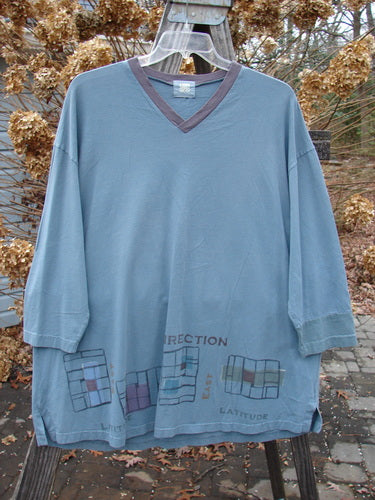 2000 V Neck Grid Top in Puddle, oversized blue shirt on a swinger