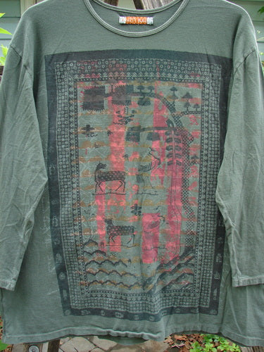 Barclay Long Sleeved Studio Tee Primitive Times Army Green Size 1, featuring a straight shape, rounded neckline, and long sleeves, crafted from medium-weight organic cotton with a unique Primitive Times theme.