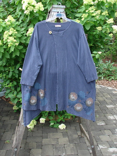Barclay Single Button Painter's Jacket Moon Flower Deep Navy Size 3, featuring an asymmetric front with a decorative button, 3/4 sleeves, oversized pocket, and circular floral prints along the hem.