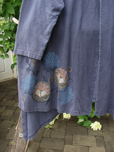 Barclay Single Button Painter's Jacket Moon Flower Deep Navy Size 3 features an asymmetrical layered hem, floral print, drop shoulders, and oversized front pocket, exemplifying Bluefishfinder.com's vintage, creative fashion ethos.