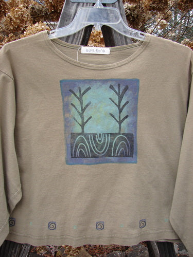 1996 Boxy Tee Top with Twig Tree Paint and Blue Fish Patch, Size 2