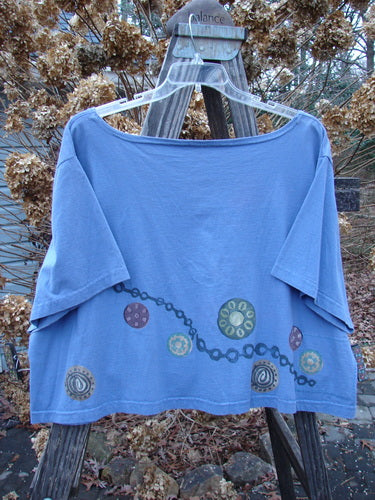 1993 Travel Top with Pinwheel Print, Periwinkle, Size 2: Blue shirt with chain and ceramic glazed buttons, perfect condition.