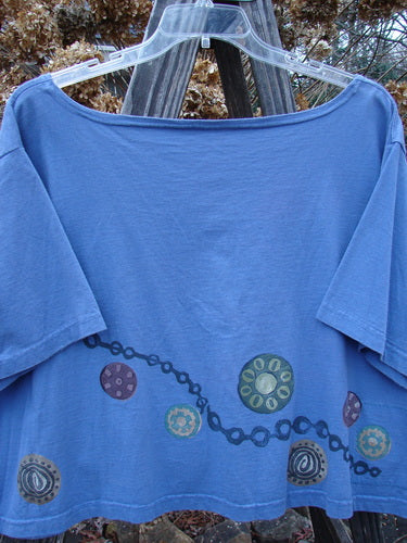 1993 Travel Top with Pinwheel Design, Periwinkle, Size 2: Lovely crop shape, chain and pinwheel theme paint, Blue Fish 93 patch, ceramic glazed buttons.