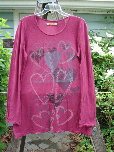Barclay Slub Hemp Cotton Long Sleeved Straight Tee Heart Love Burgundy Size 1, featuring a rounded, slightly dipped neckline, cozy full-length sleeves, longer straight shape, and heart love theme paint.