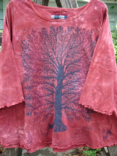 Barclay Three Quarter Sleeved Cafe Tee in Mottled Sunset, featuring an A-line shape, rounded neckline, and sweet curly edgings, showcasing an Emily Dickinson quote with an autumn tree design, size 0.