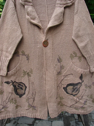 1998 Cotton Knit Canyon Cardigan Sweater Coat Pear Harvest Aspen OSFA features a knee-length design with botanical motifs, a large wooden button, draped collar, ribbed cuffs, and angled pockets, embodying vintage Blue Fish style.