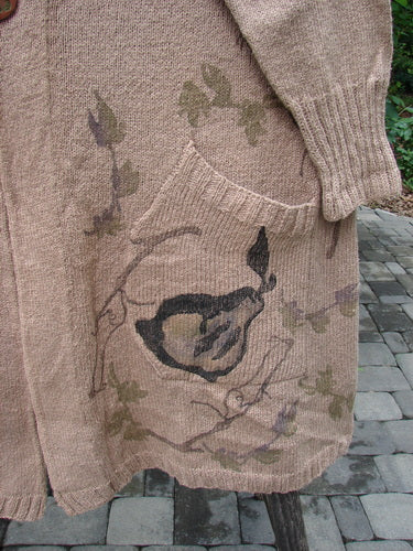 1998 Cotton Knit Canyon Cardigan Sweater Coat Pear Harvest Aspen OSFA, showcasing a botanical motif with twisting vines and stylized pears, features a deep V-neck, ribbed accents, and unique clay button.