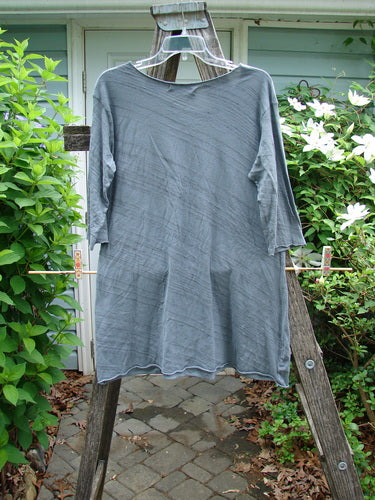 Barclay Viscose Three Quarter Sleeved Raw Cut Tee Dusk Garden Grey Striation Size 1, featuring a raw cut neckline, three-quarter sleeves, and a slight A-line shape, ideal for expressing individuality.