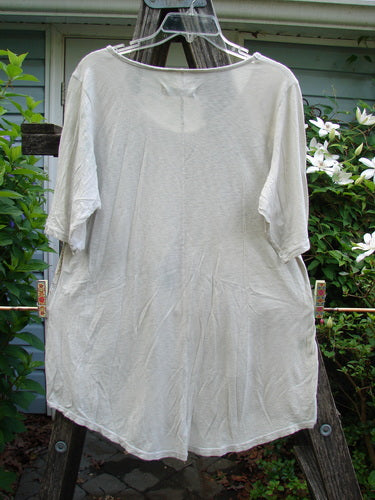 Barclay Slub Short Sleeved Travel Tee Garden Gates Birch Bark Size 0 features a rounded neckline, wide sleeves, A-line shape, and high-low hemline, highlighting BlueFishFinder's unique vintage-inspired design ethos.