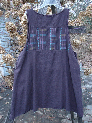 Barclay Linen Cross Over Pinafore Top Plaid Dark Plum Size 2 - A sweet summer dress with a patchwork design, V-shaped neckline, and sectional panels.