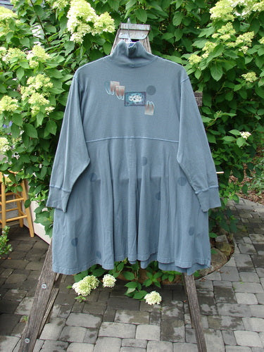 1996 Enchantment Dress Polka Path Mirror Size 2 features a slate-blue tunic with a mock-turtleneck, subtle dot prints, empire waist, and exterior whip stitching.