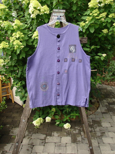 1996 Symbol Vest Star Rain Byzantium Size 2, featuring a sleeveless design with geometric appliqués on the right side, vintage oversized button, and textured chunky buttons, displayed outdoors on a wooden ladder.