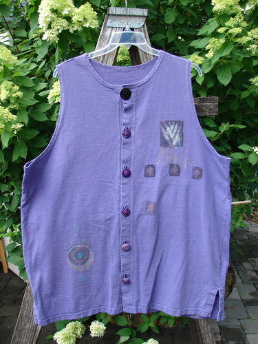 1996 Symbol Vest Star Rain Byzantium Size 2, featuring a sleeveless design with a button-front and subtle designs, showcased outdoors on a hanger, reflecting vintage Blue Fish Clothing's creative and individualistic style.