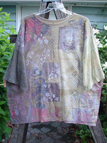 Barclay Short Sleeved Center Seam Square Pullover Garden Friends Mottled Mustard OSFA displays a wide, boxy shape with short dolman sleeves, rounded rolled neckline, and prominent front-back center seams.