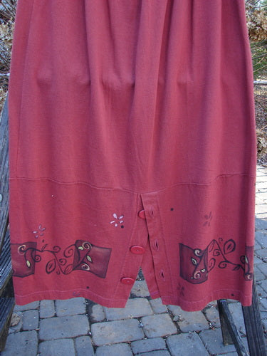 1997 Hearth Peplum Button Duo Vines Brick Size 2: A red skirt with buttons, part of the Fall Collection, made from organic cotton.
