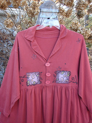 1997 Hearth Peplum Button Duo Vines Brick Size 2: Red shirt with flower and drawing designs, close-ups of painting and face mask.