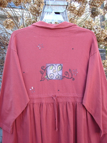 1997 Hearth Peplum Button Duo Vines Brick Size 2: Red jacket with a unique painted design and oversized buttons.