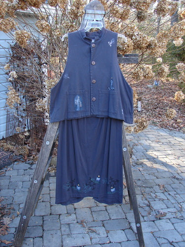 1999 Mandarin Winter Duo: Blue vest and skirt on wooden stand, featuring Asian-inspired mock T-neck, wooden buttons, and Celtic candle theme paint. Size 2.