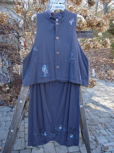 1999 Mandarin Winter Duo with Celtic Candle design - Blue vest and skirt on wooden stand, made of organic cotton. Size 2.