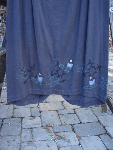 1999 Mandarin Winter Duo with Celtic Candle design, size 2: Blue towel with candles on it, Asian-inspired mock T neck, wooden buttons, double-lined vest, and pegged shape winter skirt.
