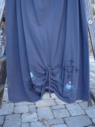 1999 Mandarin Winter Duo Celtic Candle Raven Size 2: Blue cotton vest with Asian-inspired design and wooden buttons, paired with a pegged shape skirt with a drawcord back.