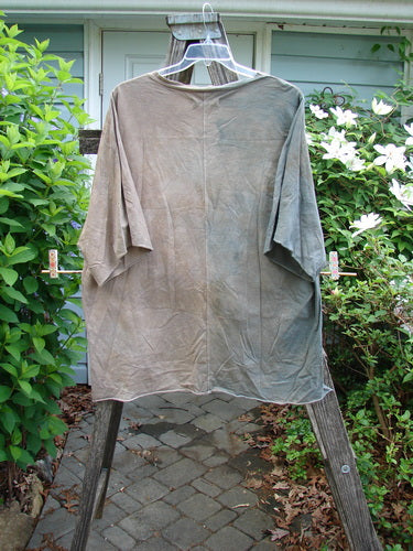 Barclay Raw Edge Flutter Collar High Low Top Library Mottled Latte OSFA features a flutter neckline, short dolman sleeves, and a hi-low hemline, showcasing a unique library theme in a boxy silhouette.