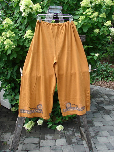 1994 Banjo Pant Dandelion Breeze Oro Size 2 displayed outdoors, showcasing its loose-fitting, wide-leg design, decorative hem band, and unique side buttons, reflecting Bluefishfinder.com's vintage and creative fashion ethos.