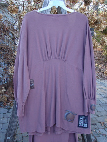 2000 Crepe Rennai Lindrel Duo Loam Size 2: Purple long-sleeved shirt on a swinger, with unique front and back ties, dramatic pointed hem accent, and dressy gathered cuffs.