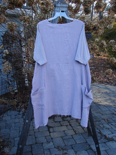 Barclay Linen Cotton Sleeve Triangle Dress, lavender, size 2, with empire waist seam, varying hemline, drop side pockets, and longer cotton sleeves.