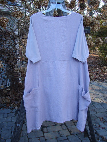 Barclay Linen Cotton Sleeve Triangle Dress, Lavender, Size 2, on clothes rack. Empire waist, varying hemline, drop side pockets, longer sleeves.