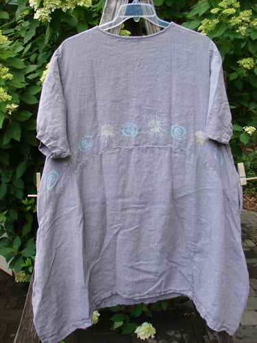 1997 Urchin Dress Sun Ray Swirl Sea Urchin Size 2 features a loose-cut, A-line shape with elbow-length sleeves and spiral embroidery, showcasing vintage Blue Fish Clothing's creative flair.