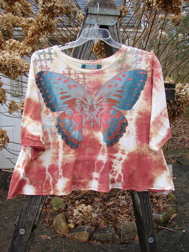 Barclay Three Quarter Sleeved Crop A Lined Tee with butterfly theme, in mottled sunset, size 2.